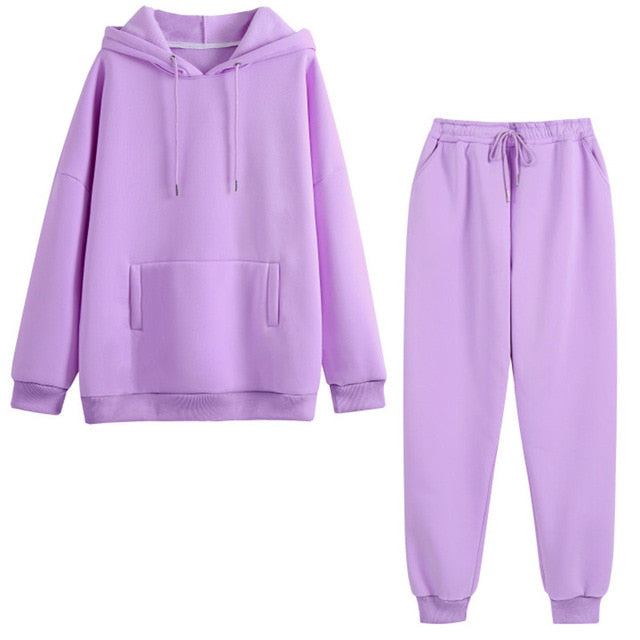 Conjunto de 2 piezas con capucha para mujer, conjunto de sudadera de gran tamaño liso de otoño, Tops informales de manga larga de lana, pantalones largos, chándal, trajes