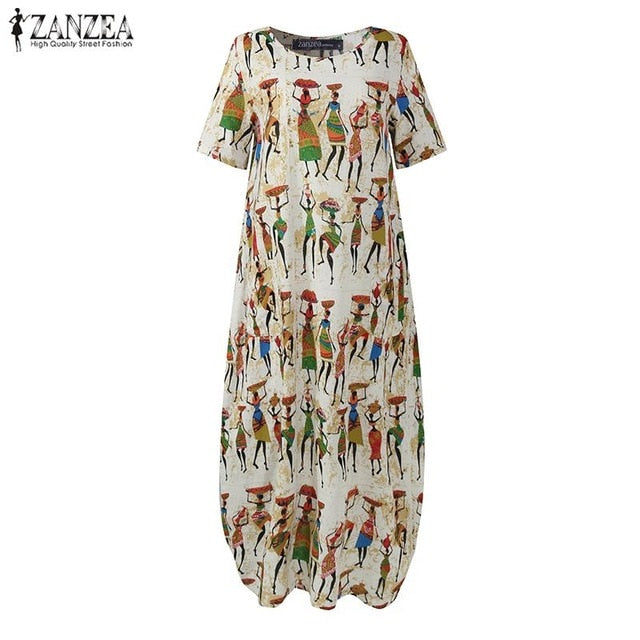 ZANZEA Mode Sommer Maxikleid Damen Bedrucktes Sommerkleid Lässig Kurzarm Vestidos Damen Hohe Taille Robe Femme Plus Größe