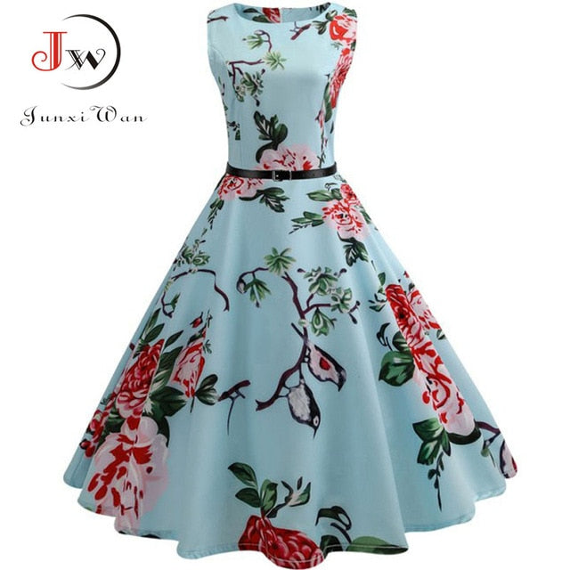 Summer Womens Dresses 2021 Casual Floral Retro Vintage 50s 60s Robe Rockabilly Swing Pinup Vestidos Valentines Day Party Dress