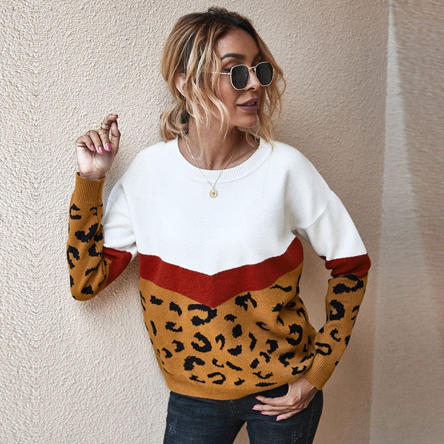 Fashion Leopard Patchwork Autumn Winter 2021 Ladies Knitted Sweater Women O-neck Full Sleeve Jumper Pullovers Top Khaki Brown