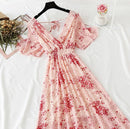 2021 Summer Women Ruffled Short-sleeved Chiffon Dress V-neck High Waist Floral Print Beach Midi Dresses Backless Sexy Vestidos