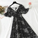 2021 Summer Women Ruffled Short-sleeved Chiffon Dress V-neck High Waist Floral Print Beach Midi Dresses Backless Sexy Vestidos