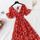 2021 Summer Women Ruffled Short-sleeved Chiffon Dress V-neck High Waist Floral Print Beach Midi Dresses Backless Sexy Vestidos