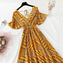 2021 Summer Women Ruffled Short-sleeved Chiffon Dress V-neck High Waist Floral Print Beach Midi Dresses Backless Sexy Vestidos