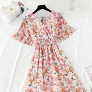 2021 Summer Women Ruffled Short-sleeved Chiffon Dress V-neck High Waist Floral Print Beach Midi Dresses Backless Sexy Vestidos