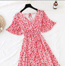 2021 Summer Women Ruffled Short-sleeved Chiffon Dress V-neck High Waist Floral Print Beach Midi Dresses Backless Sexy Vestidos