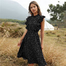 2021 New Summer Dot Print Dress Women Casual Butterfly Sleeve Ruffles Medium Long Chiffon Dress