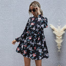 2021 New Autumn Winter Fashion Floral Dress Women Casual Full Sleeve High Waist Loose Print Dress
