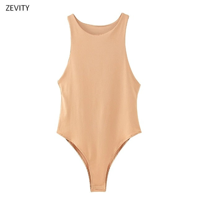 New 2020 Women sexy sleeveless solid color slim bodysuits female chic o neck soft blouse brand office wear playsuits tops LS6718