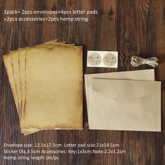 1 paquete de sobres Kraft Vintage, juego de almohadillas para cartas, sobres de invitación con letras de amor para el Día de San Valentín, papel de escribir con accesorios de cuerda
