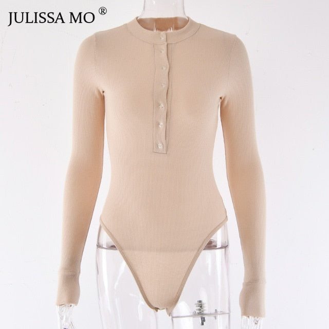 JULISSA MO Sexy cuello en V de punto Bodysuit mujer negro manga larga botones mono mujer 2020 Casual monos de una pieza
