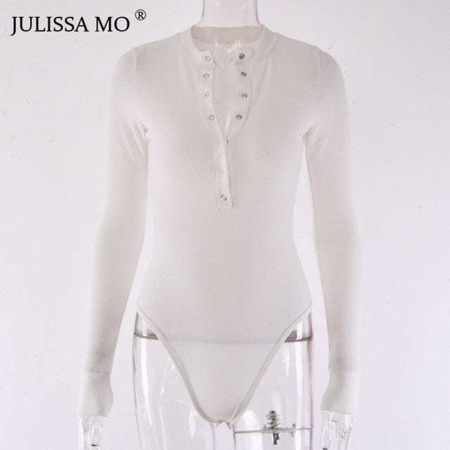 JULISSA MO Sexy V-Ausschnitt Strickbody Damen Schwarz Langarm Knöpfe Strampler Damen Jumpsuit 2020 Lässige Einteiler Bodysuits