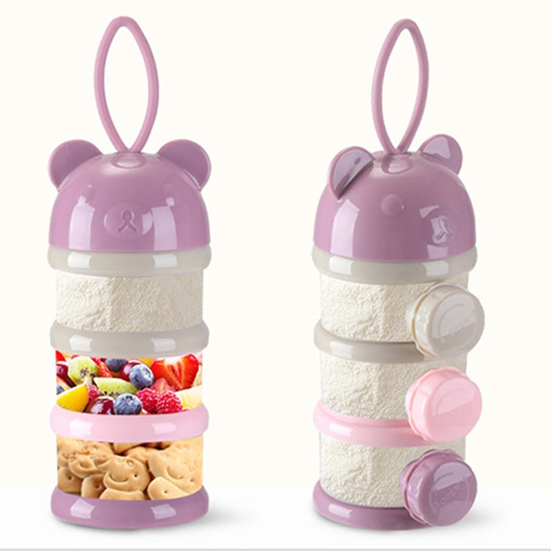 Caja portátil de almacenamiento de alimentos para bebés con estilo de oso de 3 o 4 capas, caja de leche en polvo infantil de dibujos animados de cereales esenciales, contenedor de aperitivos para niños pequeños