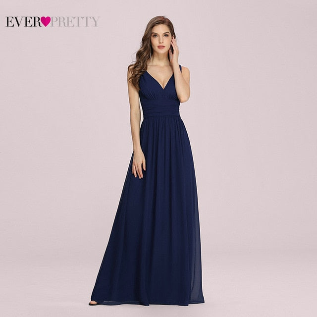 Vestido de dama de honor azul real de talla grande Ever Pretty A Line cuello en V gasa elegante vestido largo rosa para fiesta de boda para mujer 2021