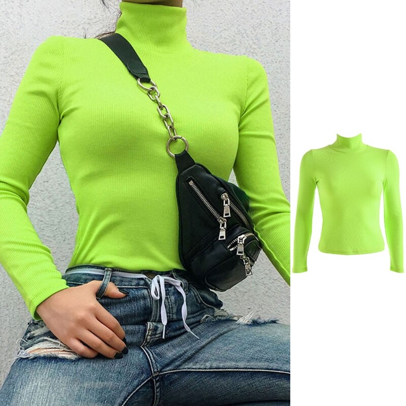 Women Long Sleeve Turtleneck Ribbed Knitted Sweater Neon Solid Slim Jumper Tops X7XC
