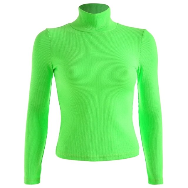 Women Long Sleeve Turtleneck Ribbed Knitted Sweater Neon Solid Slim Jumper Tops X7XC