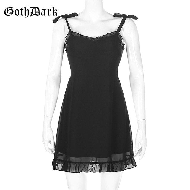 Goth Dark E-Girl Sweet Black Sommer Minikleider Gothic Bandage Backless Frauen Sexy Mesh Wrap Sommerkleid Bodycon Y2K 2021 Kleidung