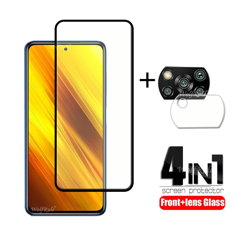 4 en 1 para Xiaomi Poco X3 Glass para Poco X3 Protector de pantalla completa de vidrio templado para Poco F3 F2 M3 X3 Pro Lens Glass