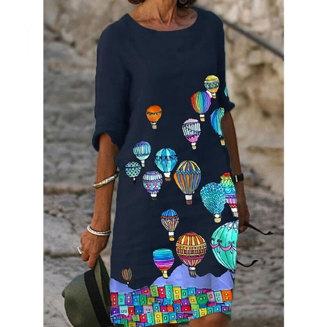 Halbärmliges V-Ausschnitt bedrucktes lockeres Kleid Damenmode lässig Vintage Frühling Herbst Allgleiches Plus Size Strandkleider Vestidos