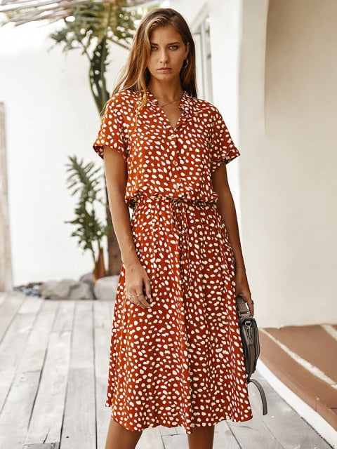 EVERAFTER moda señoras Boho estampado de leopardo camisa vestido mujer Casual Midi vacaciones verano vestido femenino alta cintura vestidos de playa