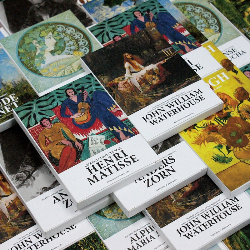30 hojas/juego Serie de museos de arte Artistas famosos Postales en inglés Sobres Postales de ilustraciones Obras de Monet, Picasso, Van Gogh