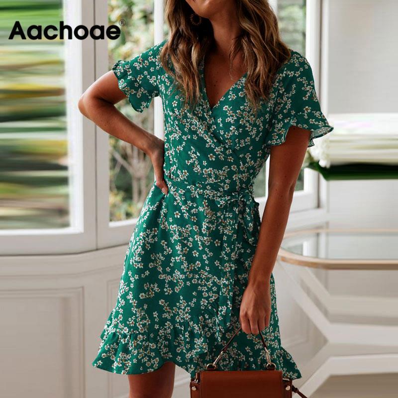 Aachoae Women Dresses Summer 2021 Sexy V Neck Floral Print Boho Beach Dress Ruffle Short Sleeve A Line Mini Dress Sundress Robe