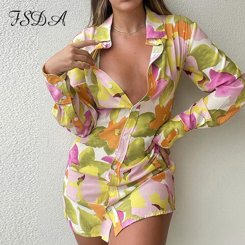 FSDA 2021, vestido camisero de manga larga con estampado Floral para mujer, cuello en V, Primavera Verano, Mini vestidos de fiesta informales ajustados para la playa