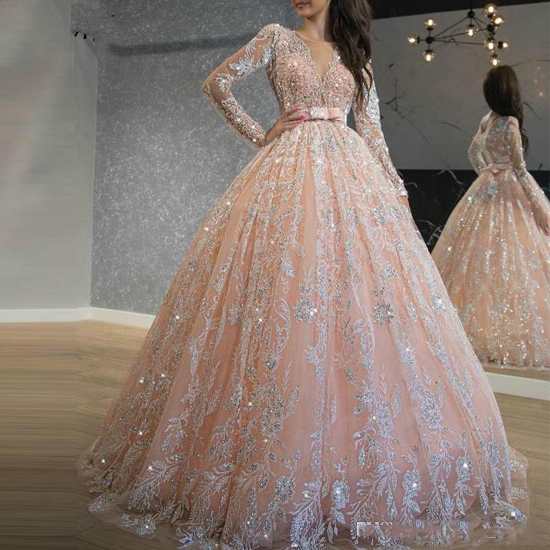 2020 Sparkly Pink Quinceanera Dresses Sequin Lace Ball Gown Prom Dresses Jewel Neck Long Sleeve Sweet 16 Dress Long Formal