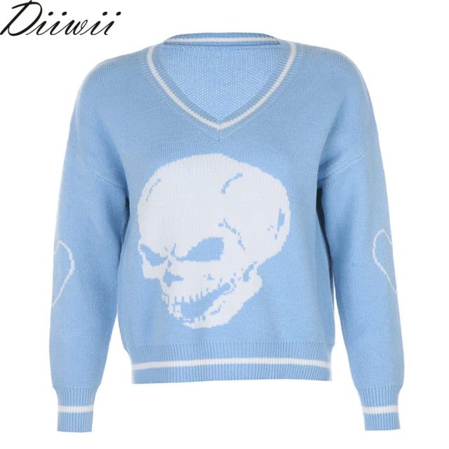 DiiWii  Hot Style Girls Top  V Neck Skull Print Loose   Long Sleeved Sweater
