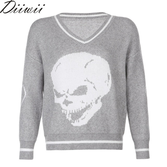 DiiWii  Hot Style Girls Top  V Neck Skull Print Loose   Long Sleeved Sweater