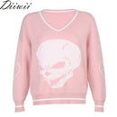 DiiWii  Hot Style Girls Top  V Neck Skull Print Loose   Long Sleeved Sweater