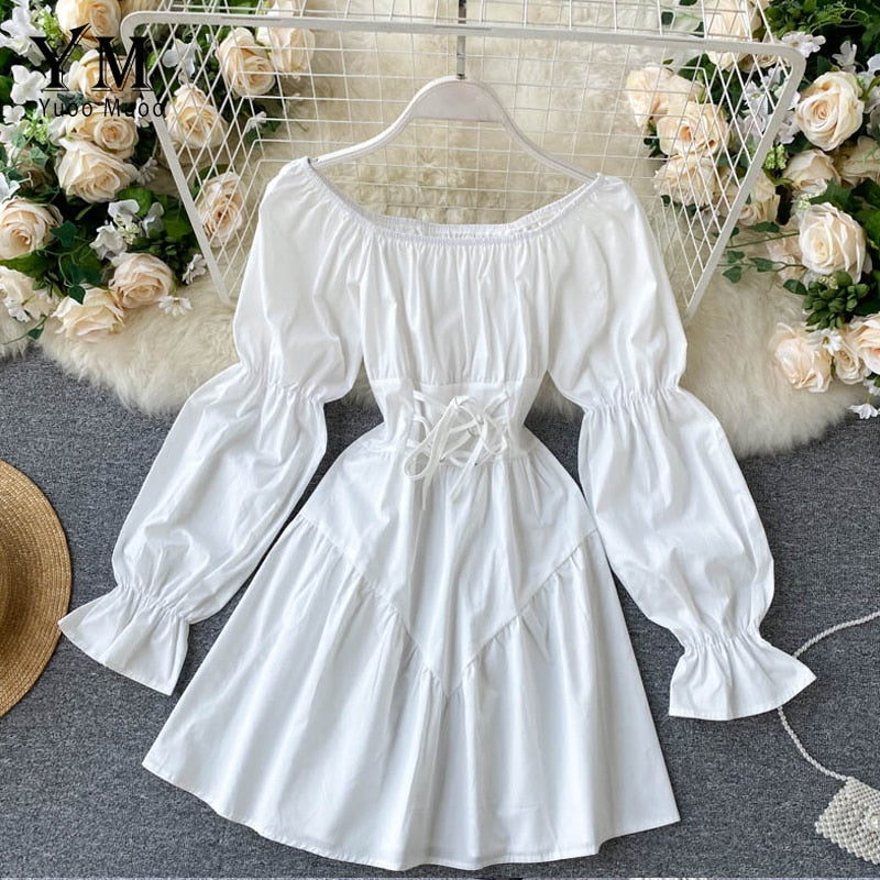YuooMuoo Frühherbst Kleid 2020 Retro Gothic Frauen Weiß Schwarz Bandage Minikleid Sexy Schulterfrei Puffärmel Korean Vestidos