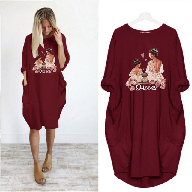 Plus Size Women's Midi Dress Long Sleeve Dresses Super Mama Print o Neck Loose Pocket Casual Vintage Vestidos Robe Femme Autumn