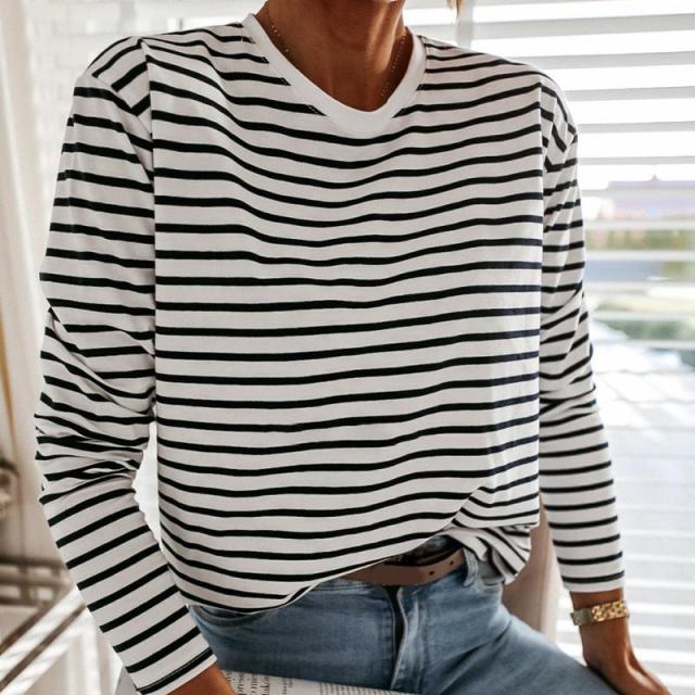 Damenmode Schwarz-Weiß Gestreiftes Blusenhemd Lässig Langarm O-Ausschnitt Weiches Koreanisches Hemd Damen Damen T-Shirt Frühling 2021