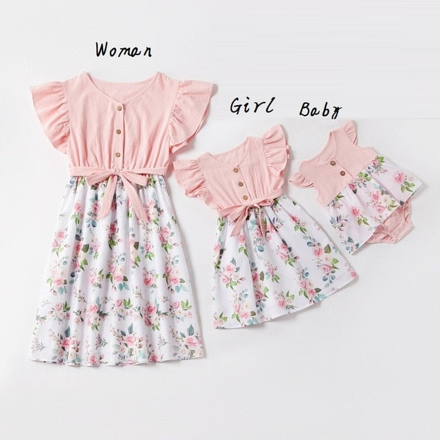 Irregular Mother Daughter Macthing Dresses Family Set Flower Mom Mum Baby Mommy and Me Clothes Fashion Women Girls Cotton Dress