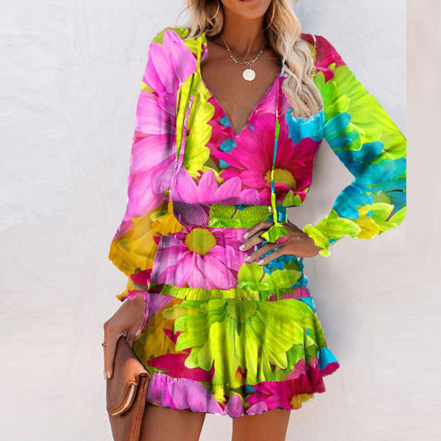 Moda Vintage colorido estampado Floral vestido de fiesta mujer Primavera Verano elegante cuello en V cordón volante Mini vestidos vestido Casual