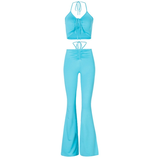 ALLNeon Y2K Streetwear Sexy Bandage Blue Co-Ord Anzüge 2000er Mode Kordelzug Neckholder-Top und Schlaghose mit hoher Taille 2-teiliges Set