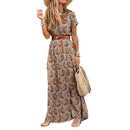 Fashion Boho Long Dress for Women V Neck Short Sleeve Paisley Print Belt Large Hem Beach Long Dress Elegant Women's Dress 2021