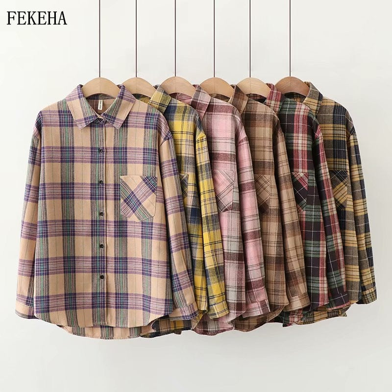 2021 Plaid Shirts Women Top And Blouses Long Sleeve Oversized Cotton Ladies Casual Blusas One Pocket Loose Female Checked Shirt