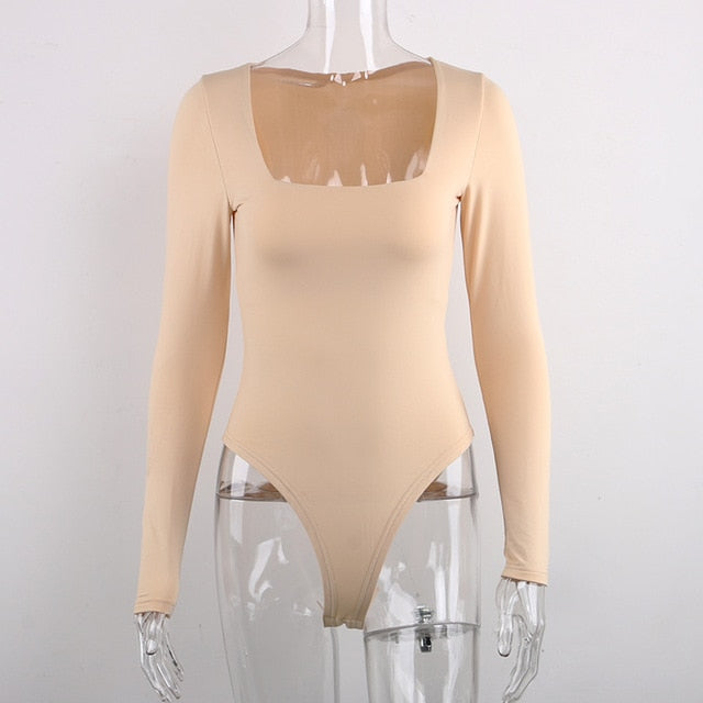 FSDA Langarm gestrickter dünner Bodysuit Frauen-Winter-Herbst-Winter-fester quadratischer Kragen-weißer schwarzer beiläufiger Körper-Top-Overall