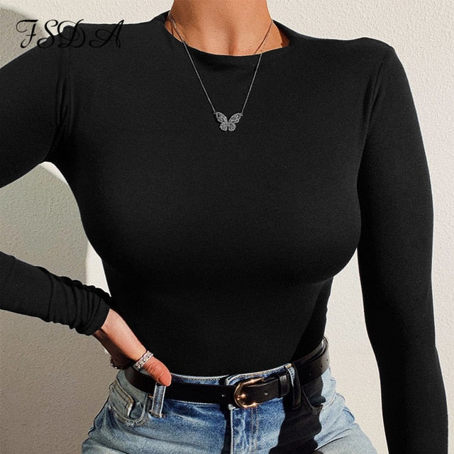 FSDA Long Sleeve Knitted Skinny Bodysuit Women Winter Autumn Winter Solid Square Collar White Black Casual Body Top Jumpsuit