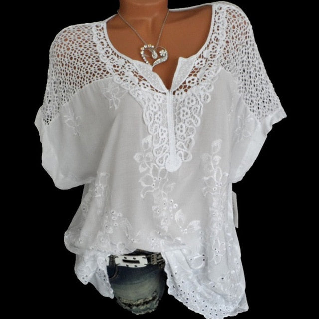 2021 verano blusas y Tops de manga corta para mujer camisa suelta de retazos de encaje blanco de talla grande 4xl 5xl Tops de mujer ropa Casual