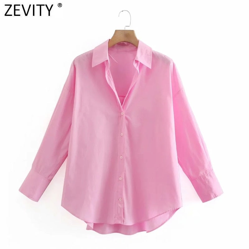 Zevity New Women Simply Candy Color Single Breasted Popeline Shirts Bürodame Langarmbluse Roupas Chic Chemise Tops LS9114