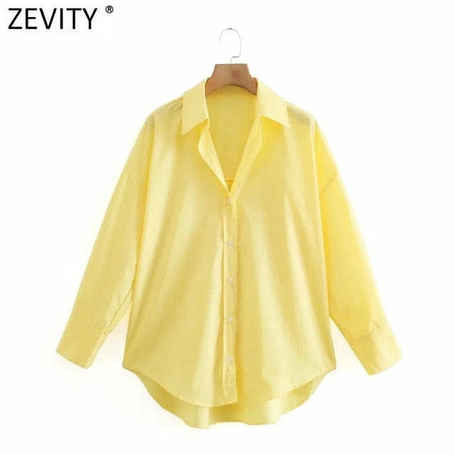 Zevity nuevas mujeres simplemente color caramelo camisas de popelina de un solo pecho Oficina señora blusa de manga larga Roupas Chic Chemise Tops LS9114