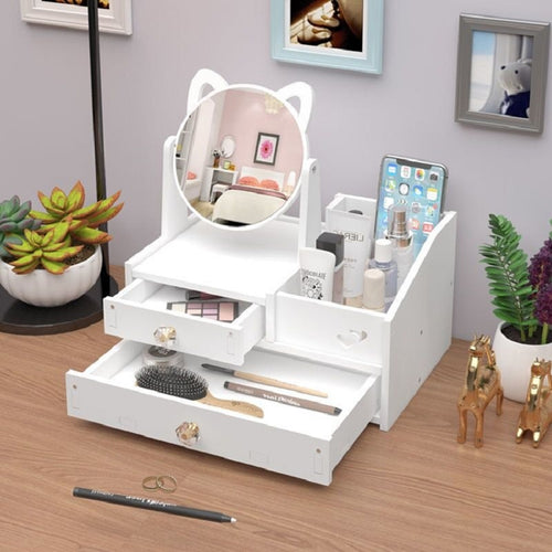 Kids Dressing Table Dresser Drawers with Lovely Cats Mirror Rotate Makeup Organizer Nail Polish Brush Jewelry Storage Box