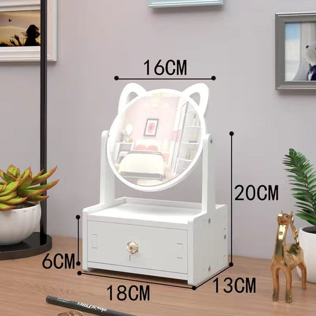Kids Dressing Table Dresser Drawers with Lovely Cats Mirror Rotate Makeup Organizer Nail Polish Brush Jewelry Storage Box
