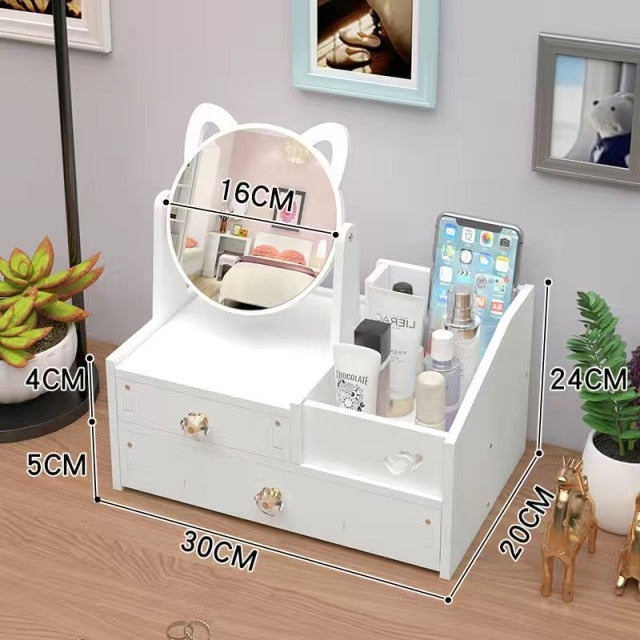 Kids Dressing Table Dresser Drawers with Lovely Cats Mirror Rotate Makeup Organizer Nail Polish Brush Jewelry Storage Box