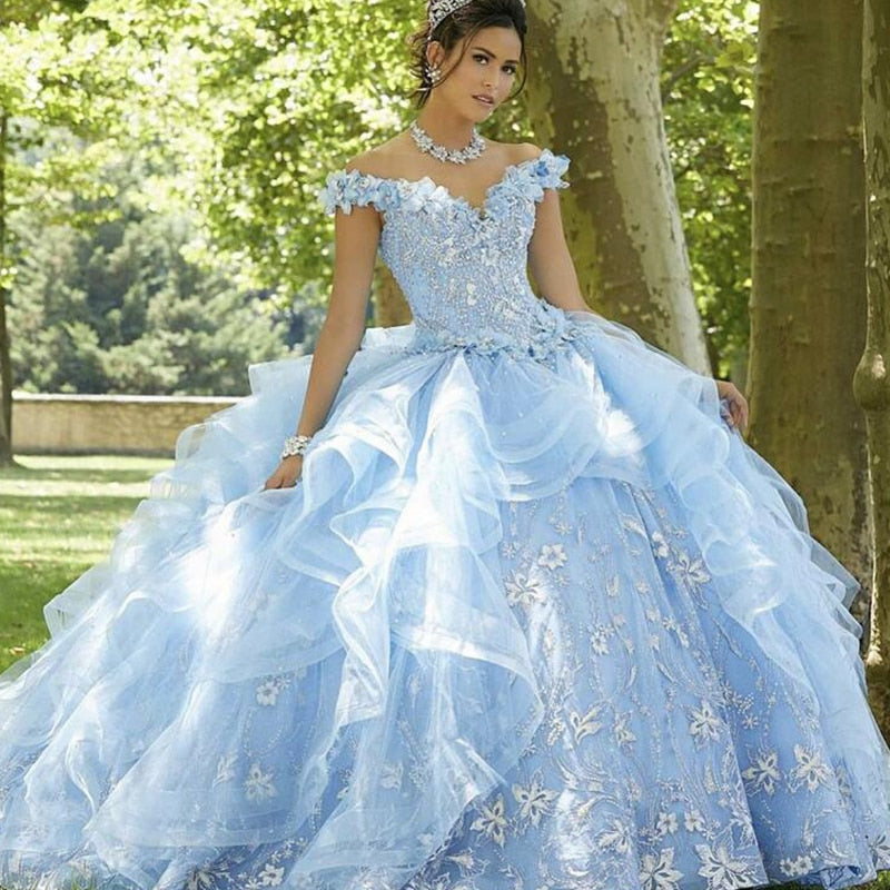 Hellhimmelblaues Prinzessin Quinceanera Kleid 2021 Schulterfrei Applikationen Pailletten Blumen Party Sweet 16 Kleid Vestidos De 15 Años
