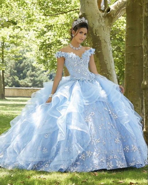 Vestido De quinceañera De princesa azul cielo claro 2021 apliques De hombro lentejuelas flores fiesta dulce 16 Vestidos De 15 Años