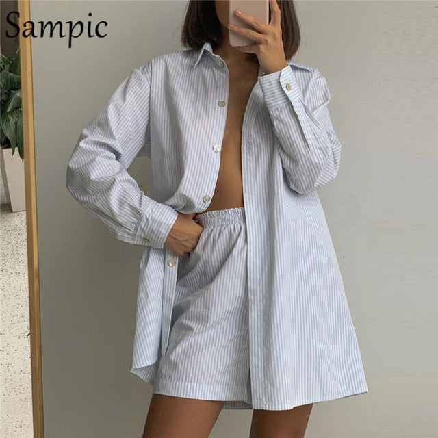 Sampic Loung Wear, chándal, conjunto de pantalones cortos para mujer, camisa de manga larga a rayas, Tops y Mini pantalones cortos sueltos de cintura alta, conjunto de dos piezas 2021